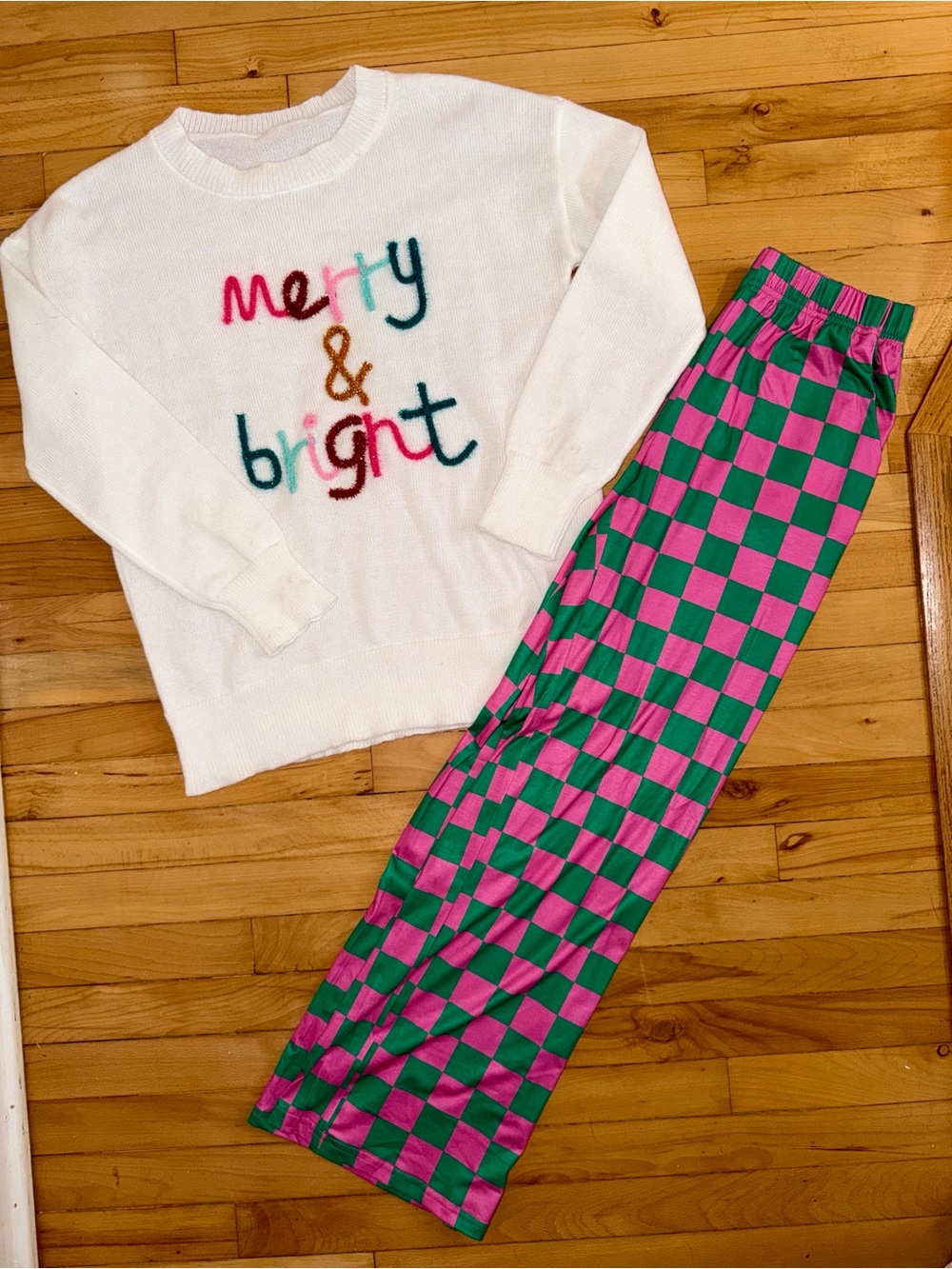 White 'Merry & Bright' Sweater with Pink & Green Check Pants Large